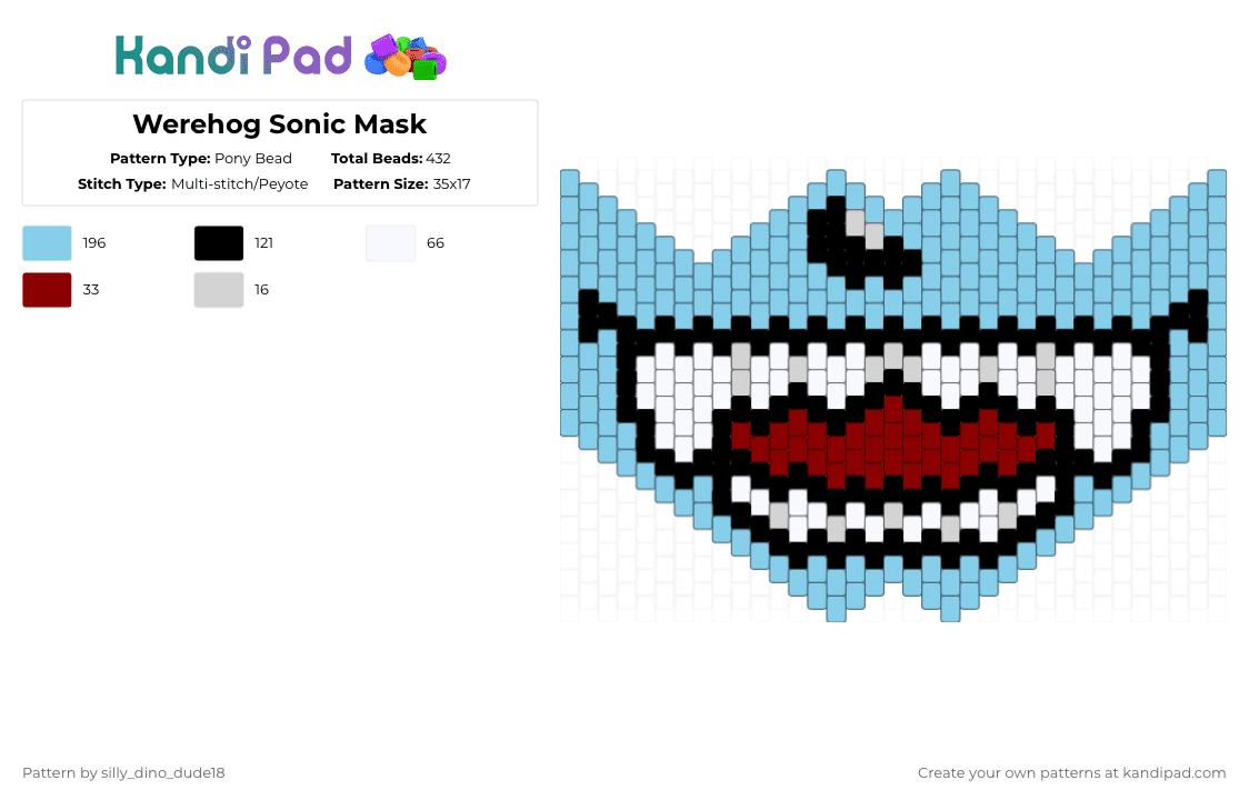 Werehog Sonic Mask - Pony Bead Pattern by silly_dino_dude18 on Kandi Pad - light blue,sonic,sonic the hedgehog,werehog