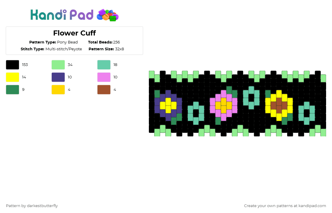 Flower Cuff - Pony Bead Pattern by darkestbutterfly on Kandi Pad - black,yellow,teal,flowers,flower,leaf