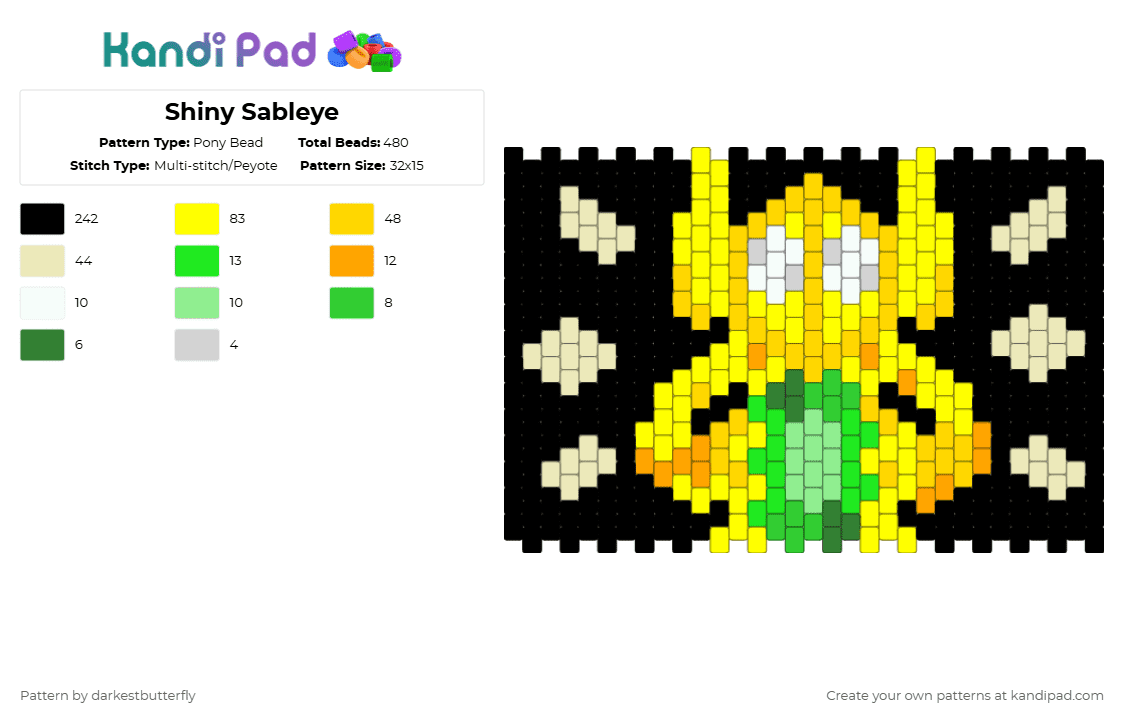 Shiny Sableye - Pony Bead Pattern by darkestbutterfly on Kandi Pad - black,yellow,pokemon,sableye,gold,gem,poke,green,shiny