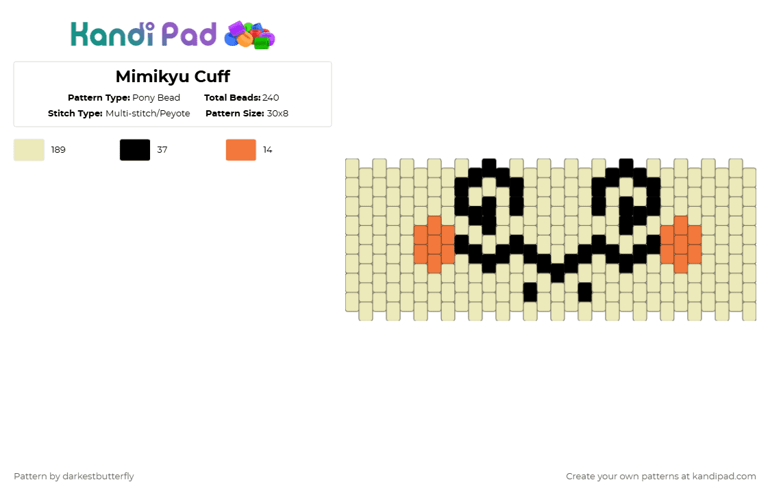 Mimikyu Cuff - Pony Bead Pattern by darkestbutterfly on Kandi Pad - yellow,cuff,pokemon,mimikyu,tan,black,orange
