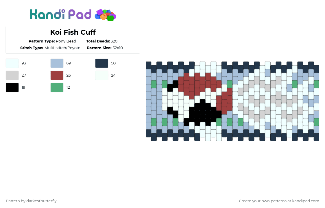 Koi Fish Cuff - Pony Bead Pattern by darkestbutterfly on Kandi Pad - white,light blue,purple,koi,fish,cuff,pond