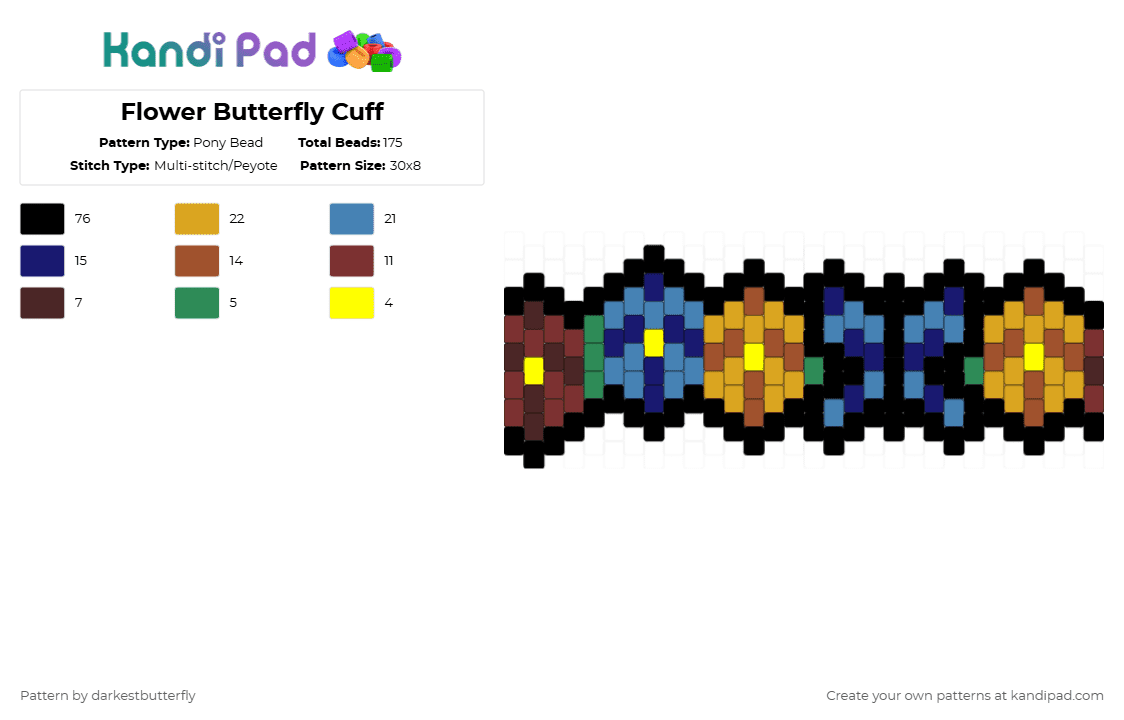 Flower Butterfly Cuff - Pony Bead Pattern by darkestbutterfly on Kandi Pad - black,orange,purple,brown,colorful,butterfly,flower,cuff,blue