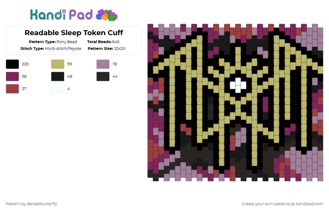 Readable Sleep Token Cuff - Pony Bead Pattern by darkestbutterfly on Kandi Pad - black,beige,gray,sleep token,rock,band,bands,cuff,pink,red,gold