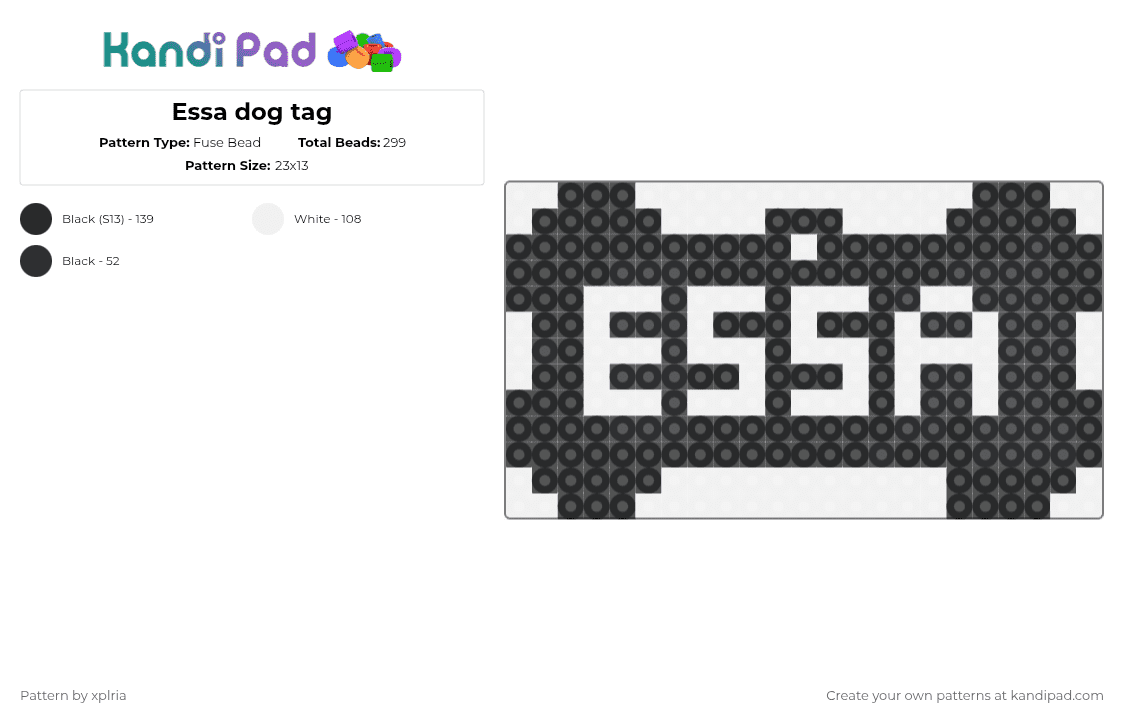 Essa dog tag - Fuse Bead Pattern by xplria on Kandi Pad - white,black
