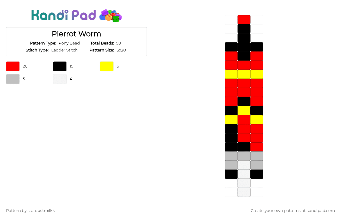 Pierrot Worm - Pony Bead Pattern by stardustmilkk on Kandi Pad - red,pierrot,freak circus,yandere clown worm,worm,cutesy