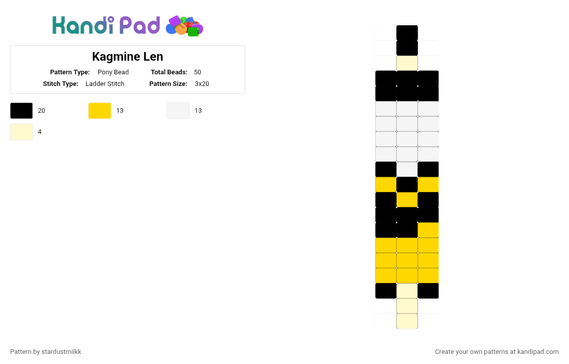 Kagmine Len - Pony Bead Pattern by stardustmilkk on Kandi Pad - yellow,white,vocaloid,worm,kagamine len,hes rins twin so,ig that makes him cool too,curse autocorrect
