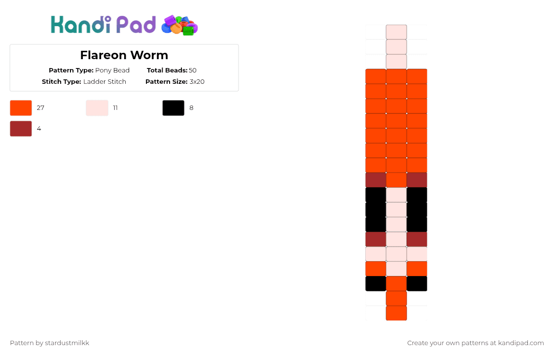 Flareon Worm - Pony Bead Pattern by stardustmilkk on Kandi Pad - red,white,flareon,worm,pokemon,fluffy,eeveelution