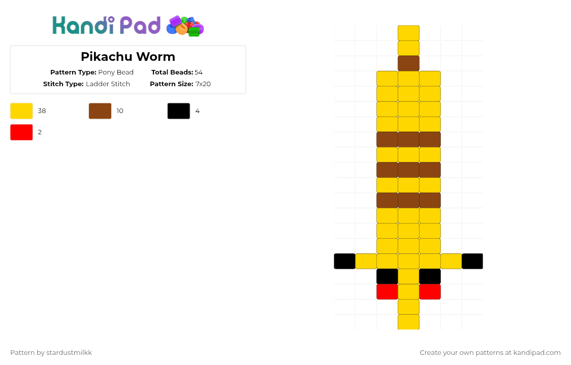 Pikachu Worm - Pony Bead Pattern by stardustmilkk on Kandi Pad - yellow,pikachu,pokemon,worm,rip ash