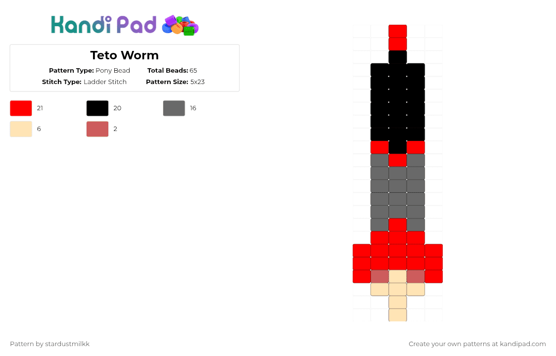 Teto Worm - Pony Bead Pattern by stardustmilkk on Kandi Pad - red,gray,teto,vocaloid,worm