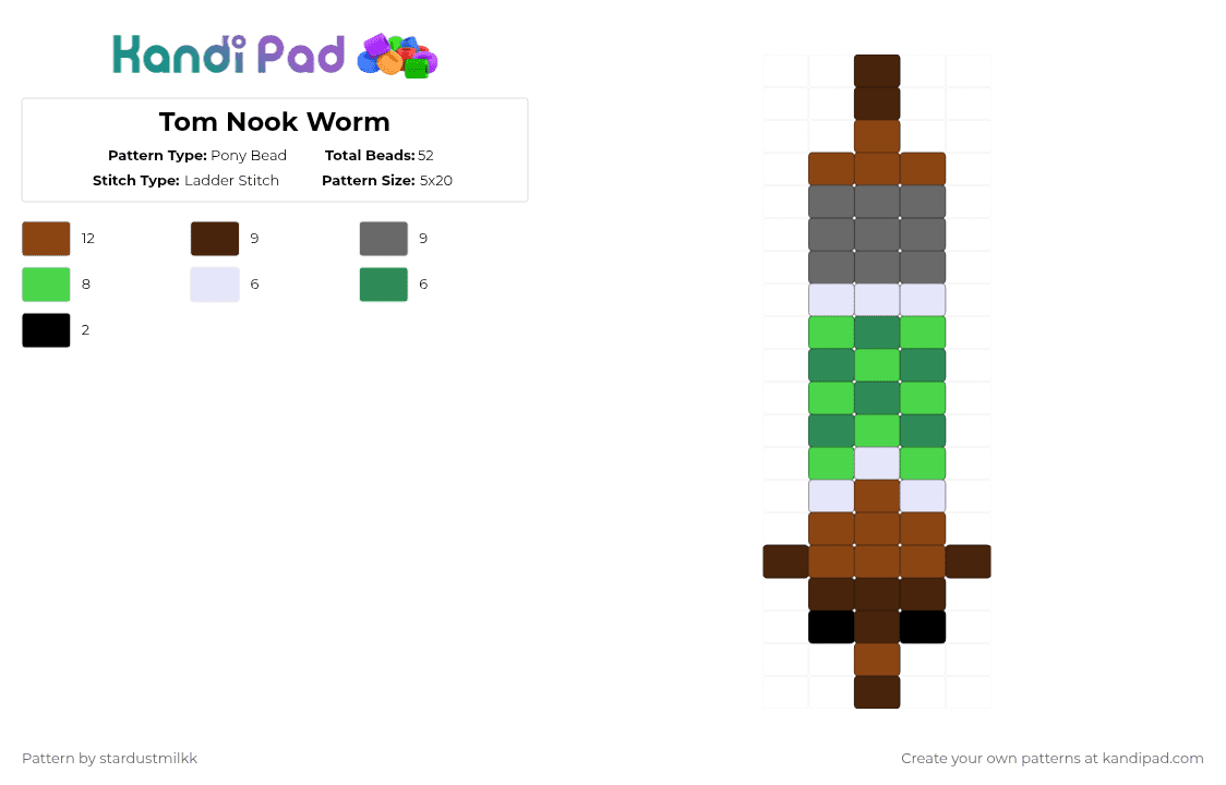 Tom Nook Worm - Pony Bead Pattern by stardustmilkk on Kandi Pad - green,red,worm,animal crossing,tom nook