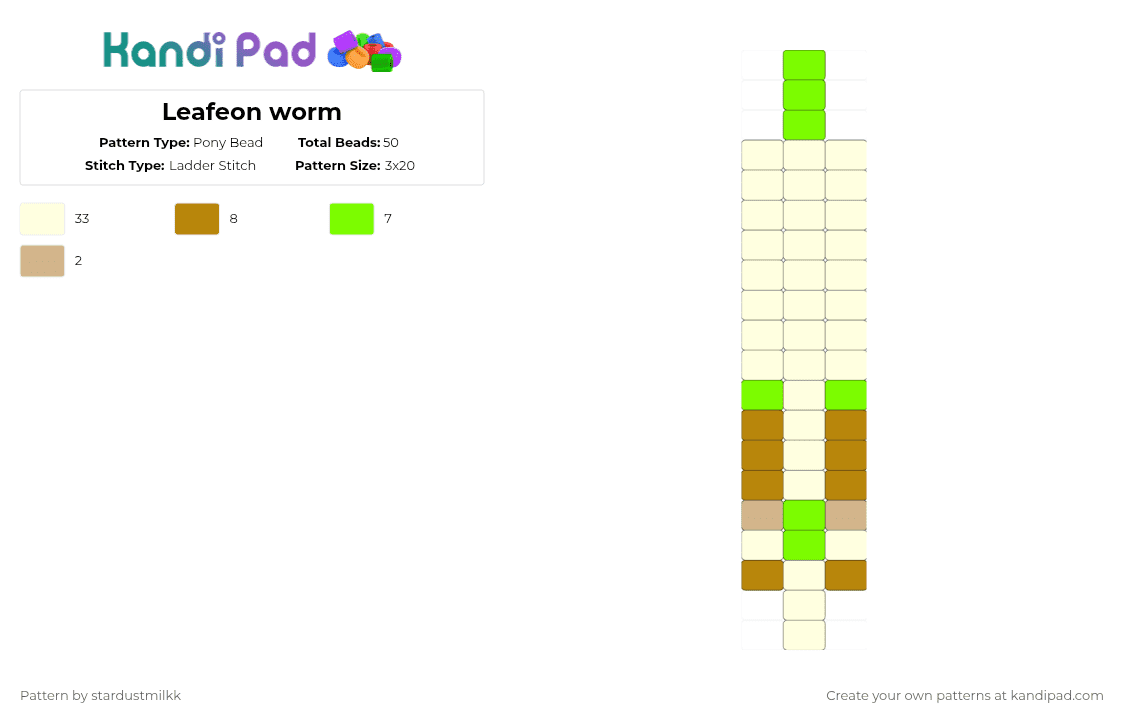 Leafeon worm - Pony Bead Pattern by stardustmilkk on Kandi Pad - white,green,gold,leafeon,worm,pokemon,eeveelutions