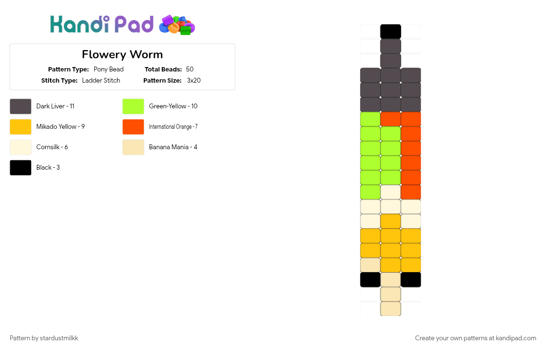 Flowery Worm - Pony Bead Pattern by stardustmilkk on Kandi Pad - brown, deltarune, deltarune chapter five, flower, flowery, green, jarona, worm, yellow