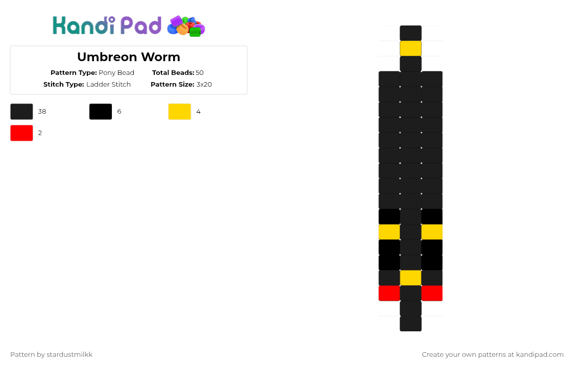 Umbreon Worm - Pony Bead Pattern by stardustmilkk on Kandi Pad - black,yellow,red,umbreon,eeveelutions,neon glowstick,worm,pokemon