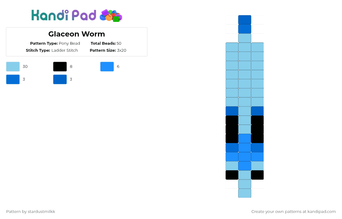 Glaceon Worm - Pony Bead Pattern by stardustmilkk on Kandi Pad - light blue,glaceon,worm,pokemon,adorable,eeveelution
