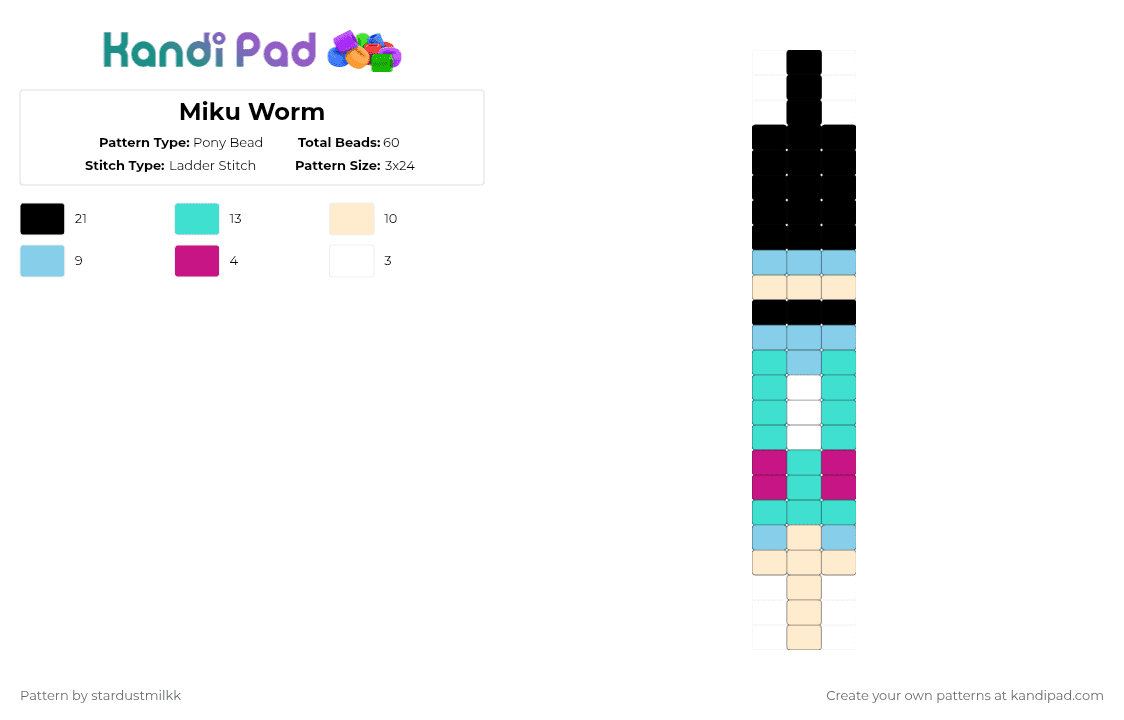 Miku Worm - Pony Bead Pattern by stardustmilkk on Kandi Pad - light blue,hatsune miku,vocaloid,worm