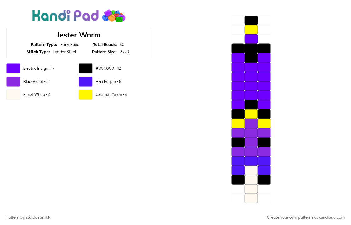 Jester Worm - Pony Bead Pattern by stardustmilkk on Kandi Pad - and then this frickin grape, jester, purple, tfc, the freak circus, the fruit gang ig, we have the lime the apple, worm