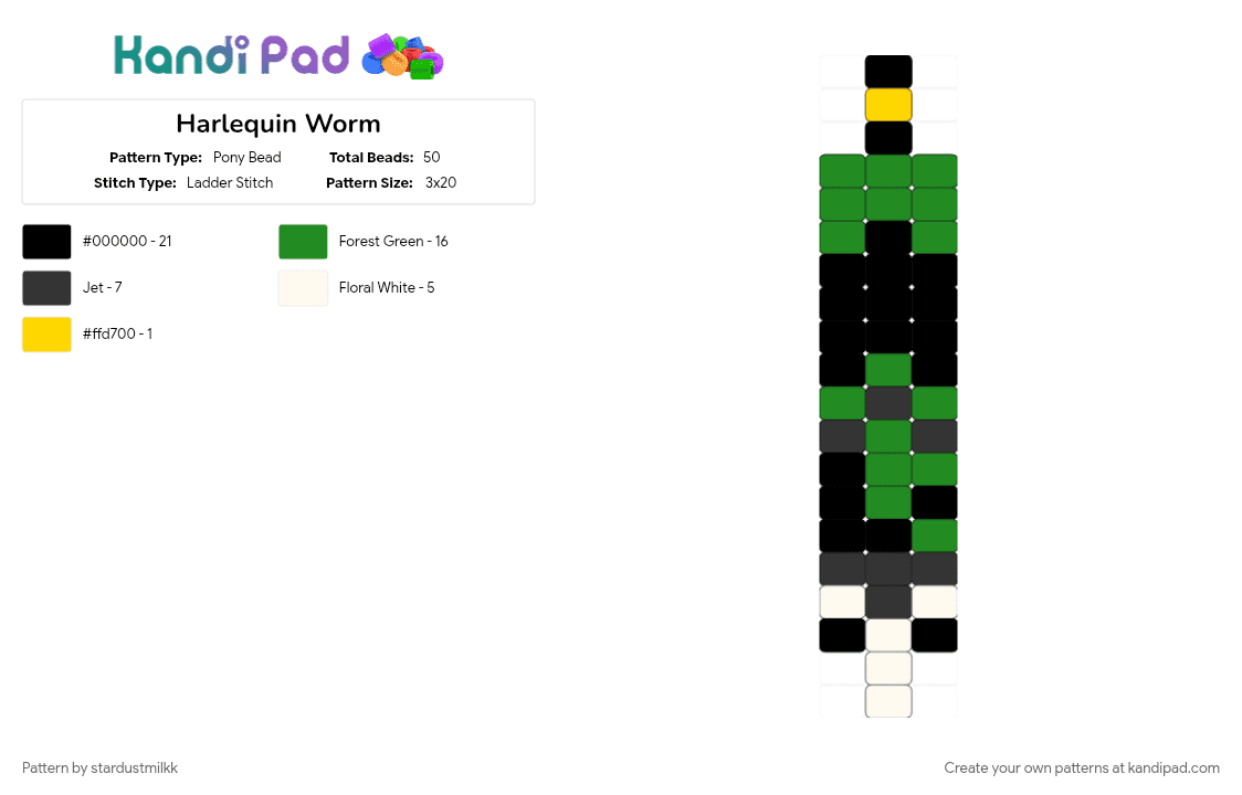 Harlequin Worm - Pony Bead Pattern by stardustmilkk on Kandi Pad - black, green, harlequin, istg this guy is emo, like why so much black, now he looks like an old man, tfc, the freak circus, worm