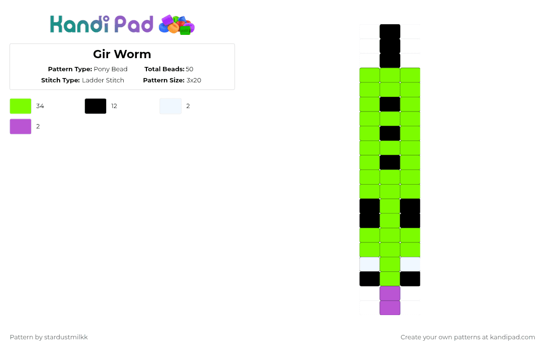 Gir Worm - Pony Bead Pattern by stardustmilkk on Kandi Pad - green,invader zim,gir,worm