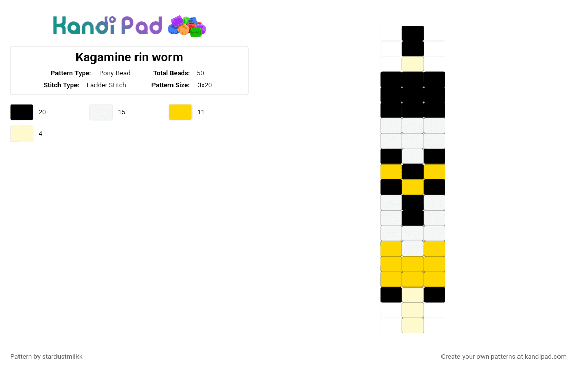 Kagamine rin worm - Pony Bead Pattern by stardustmilkk on Kandi Pad - yellow,white,kagmine rin,vocaloid,i love her,worm