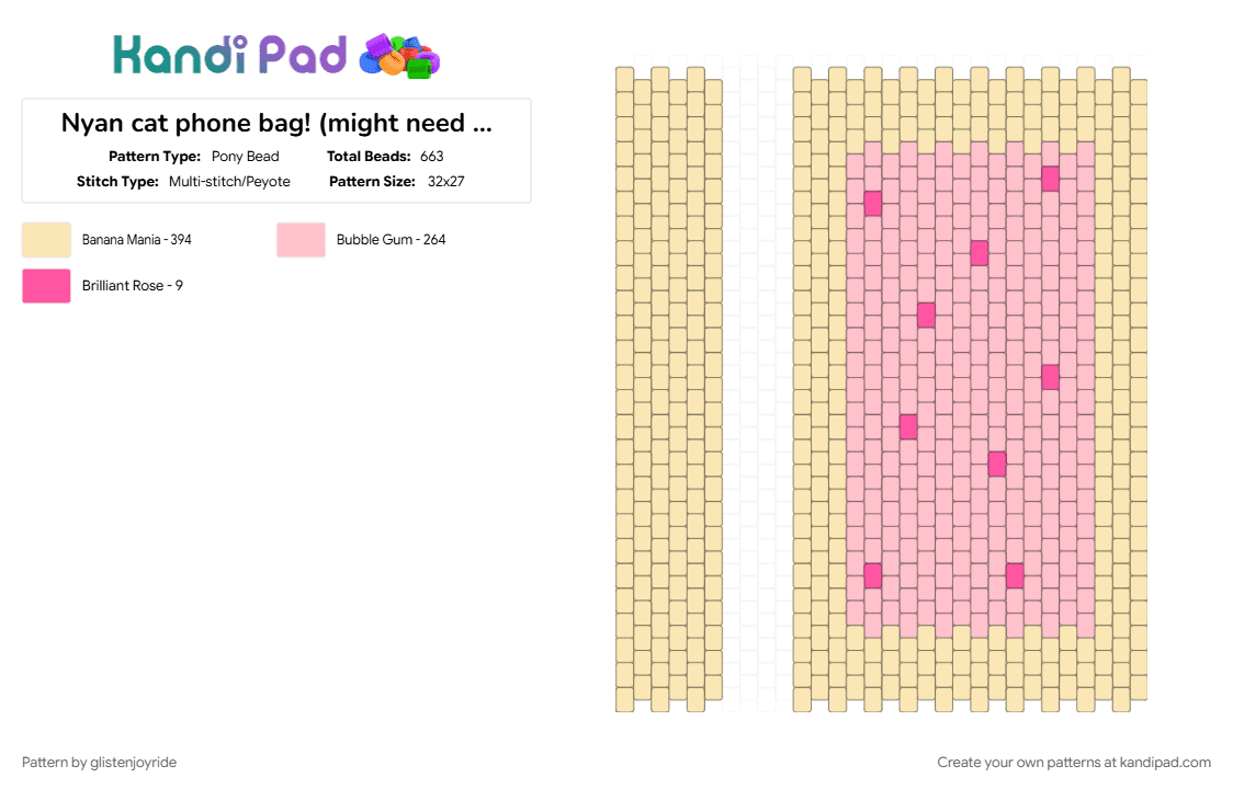 Nyan cat phone bag! (might need to scale up, but it works for my phone! - Pony Bead Pattern by glistenjoyride on Kandi Pad - bag pattern, beige, nyan cat, pink, poptart