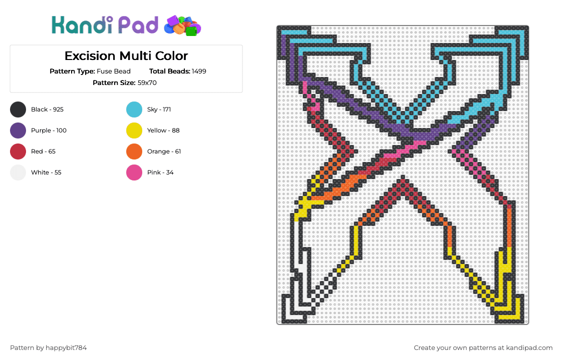 Excision Multi Color - Fuse Bead Pattern by happybit784 on Kandi Pad - black, light blue, purple, yellow