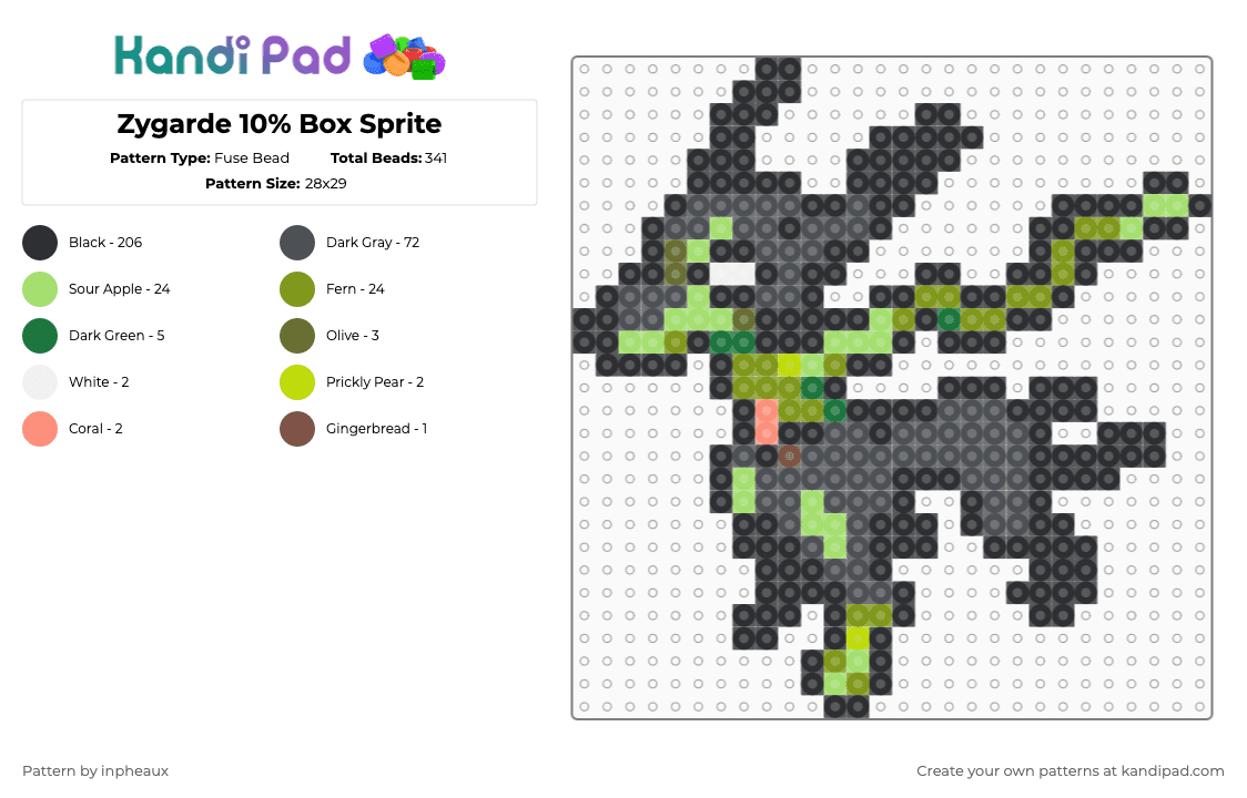 Zygarde 10% Box Sprite - Fuse Bead Pattern by inpheaux on Kandi Pad - black,gray,green,gold