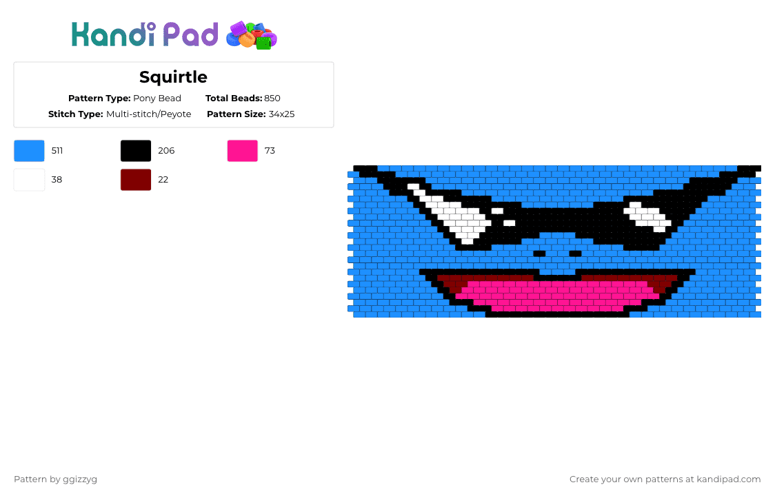 Squirtle - Pony Bead Pattern by ggizzyg on Kandi Pad - squirtle,pokemon,cool,face,sunglasses,panel,gaming,video game,light blue