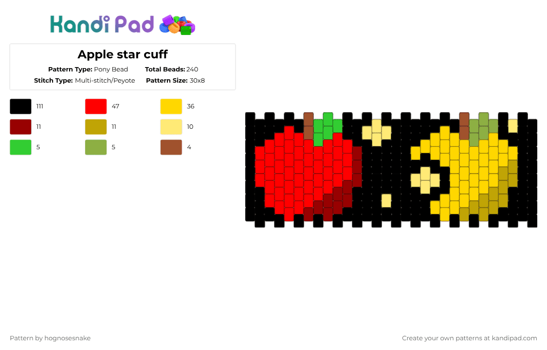 Apple star cuff - Pony Bead Pattern by hognosesnake on Kandi Pad - red,yellow