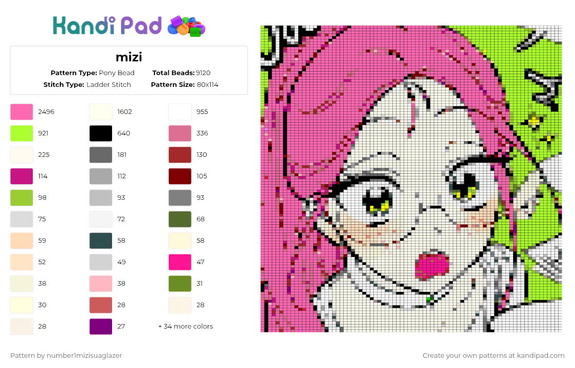 mizi - Pony Bead Pattern by smelliott_elliott-_- on Kandi Pad - white,green,pink