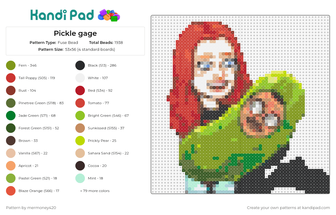 Pickle gage - Fuse Bead Pattern by mermoney420 on Kandi Pad - pickle,bitmoji,whimsical,red hair,green,humorous,expressive,caricature