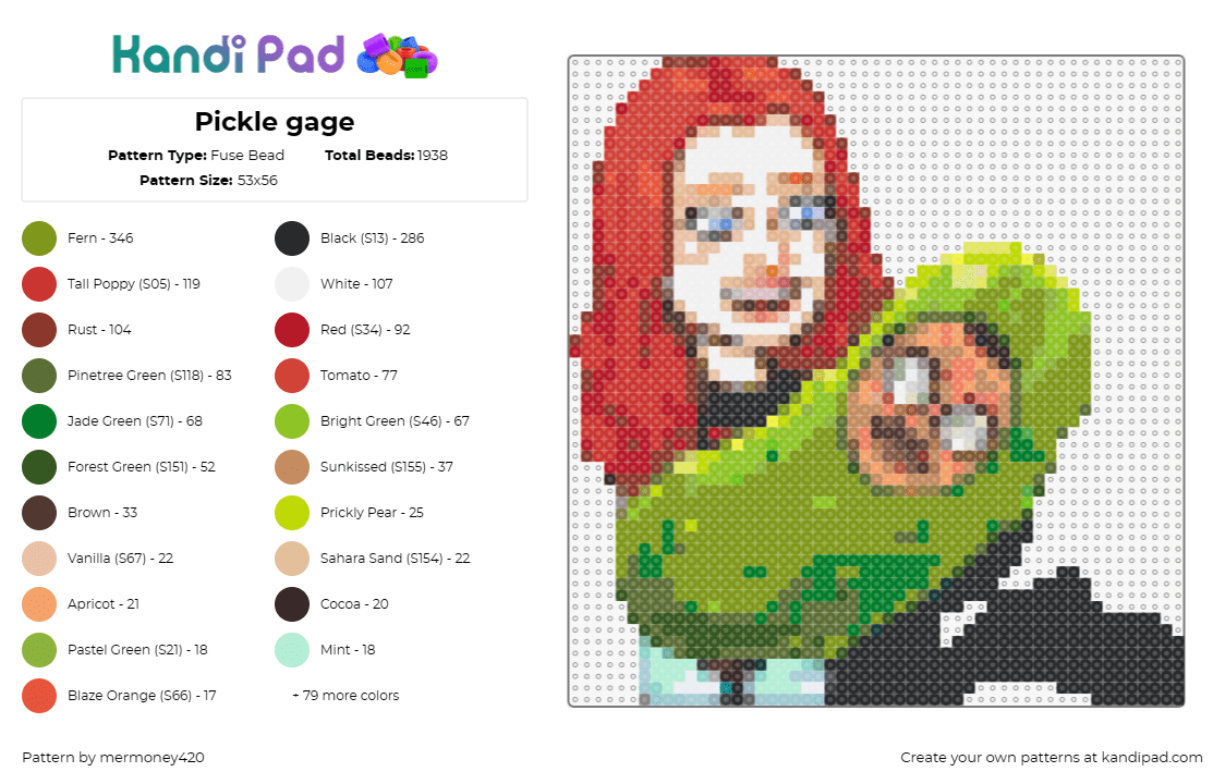 Pickle gage - Fuse Bead Pattern by mermoney420 on Kandi Pad - pickle,bitmoji,whimsical,red hair,green,humorous,expressive,caricature