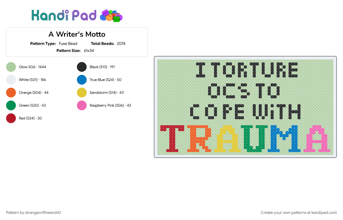 A Writer\'s Motto - Fuse Bead Pattern by strangeroftheend42 on Kandi Pad - glow, neon, rainbow, teal, trauma, words, write, writer