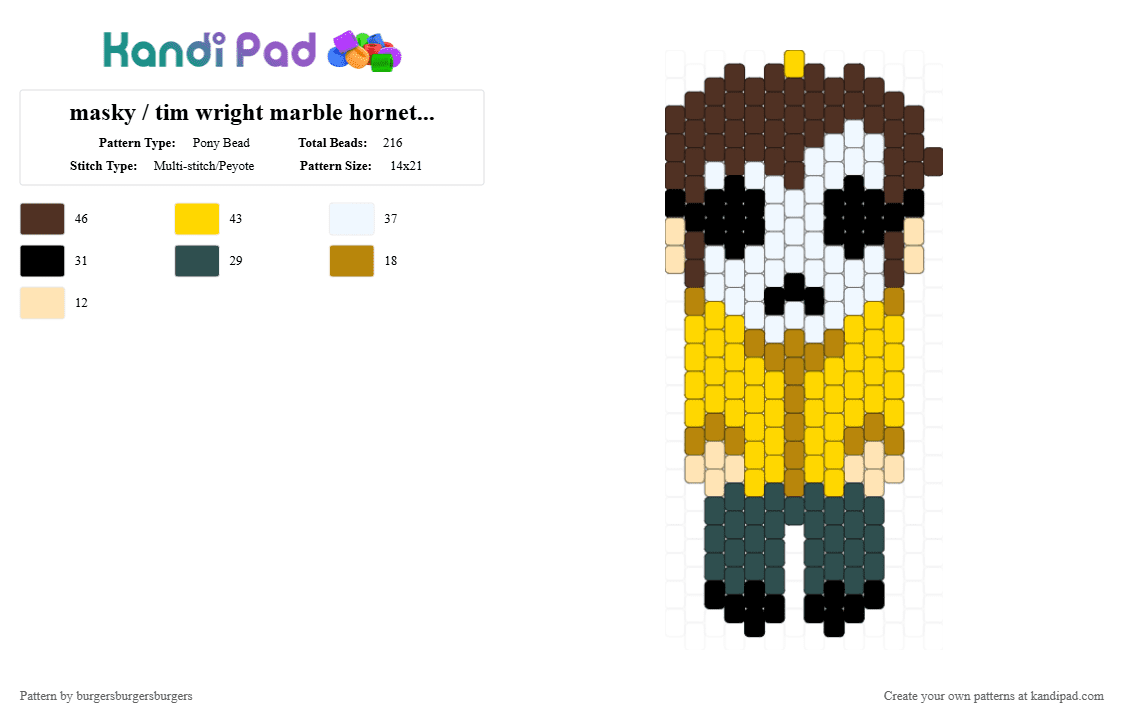 masky / tim wright marble hornets dangling - Pony Bead Pattern by nannerjam on Kandi Pad - brown,yellow,gray,marble hornets,slenderman,creepypasta,masky,hoodie,tim wright,proxy