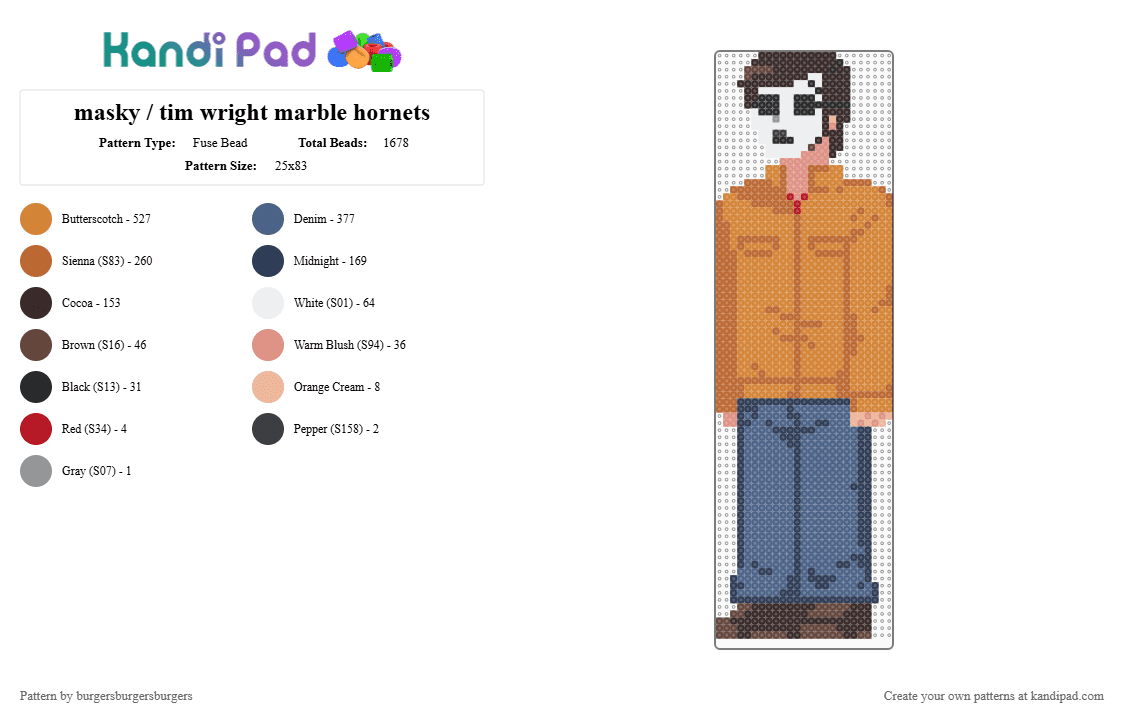 masky / tim wright marble hornets - Fuse Bead Pattern by nannerjam on Kandi Pad - brown,tan,orange,blue,marble hornets,slenderman,creepypasta,masky,hoodie,proxy,tim wright