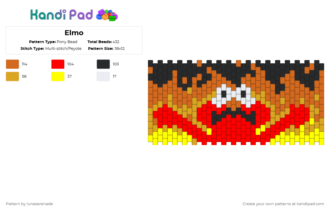 Elmo - Pony Bead Pattern by lunaserenade on Kandi Pad - elmo,fire,meme,cuff,orange,red