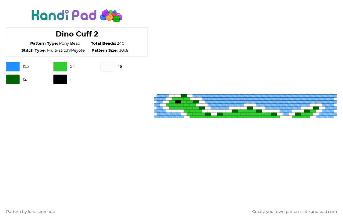 Dino Cuff 2 - Pony Bead Pattern by lunaserenade on Kandi Pad - light blue,green,dino,dinosaur,cuff,peyote,even,cartoon,animal