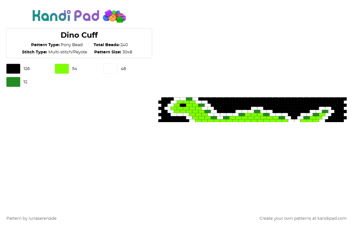 Dino Cuff - Pony Bead Pattern by lunaserenade on Kandi Pad - white,green,dino,dinosaur,cuff,peyote,even,cartoon,animal