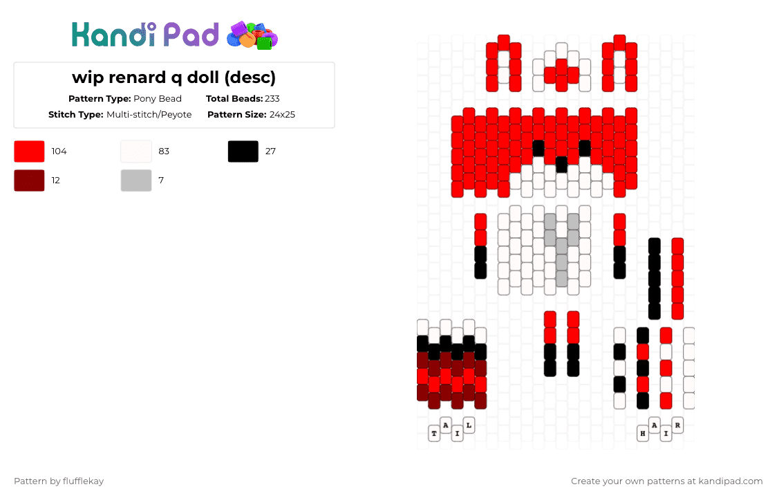 wip renard q doll (desc) - Pony Bead Pattern by flufflekay on Kandi Pad - red