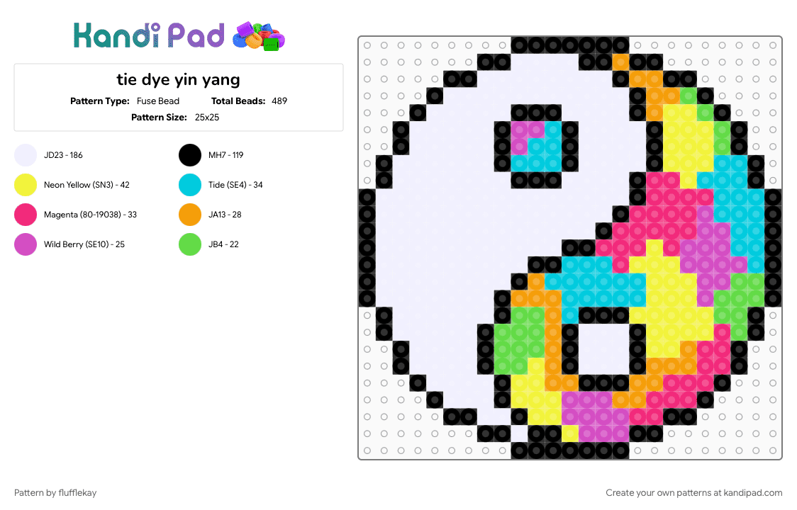 tie dye yin yang - Fuse Bead Pattern by flufflekay on Kandi Pad - colorful, light blue, neon, pink, rainbow, symbol, tie dye, white, yellow, yin yang