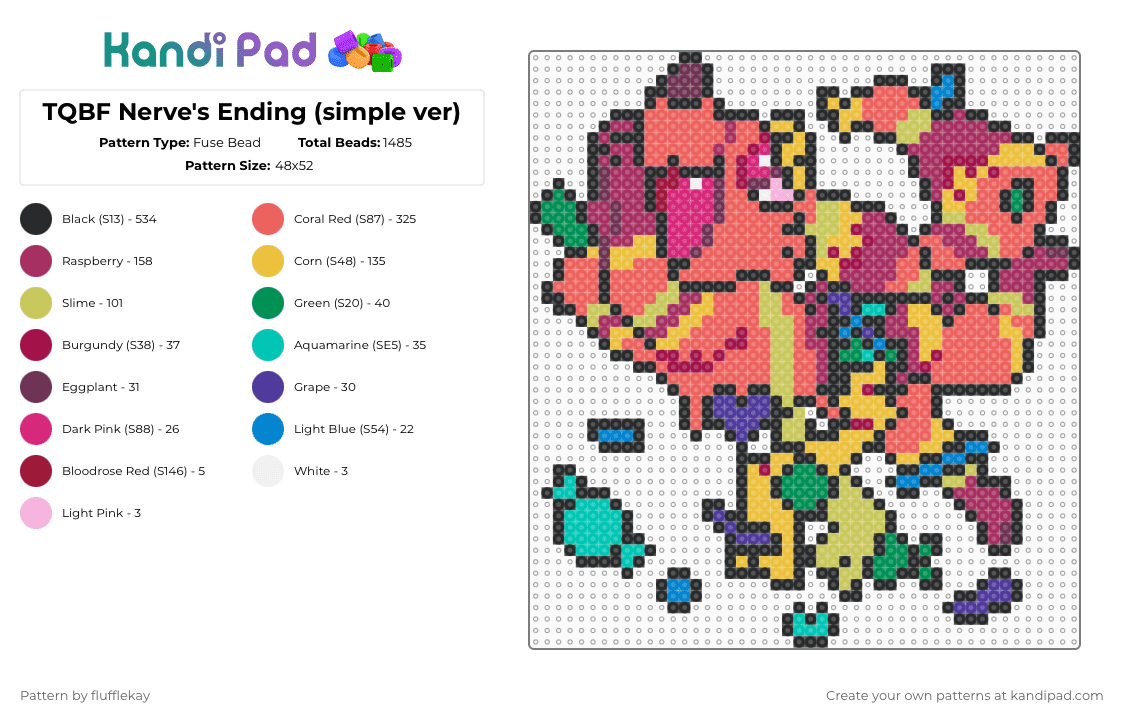 TQBF - Nerve\'s Ending (simple ver) - Fuse Bead Pattern by flufflekay on Kandi Pad - pink,red,yellow,green,lapfox,lapfoxtrax,halleylabs,tqbf,thequickbrownfox,pinata,furry