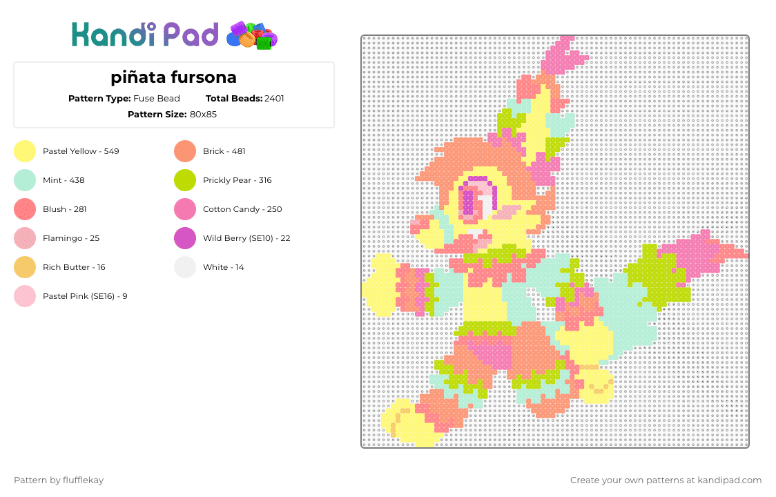 my piñata fursona - Fuse Bead Pattern by flufflekay on Kandi Pad - orange,yellow,light blue,green,furry,fursona,oc,original character,pinata