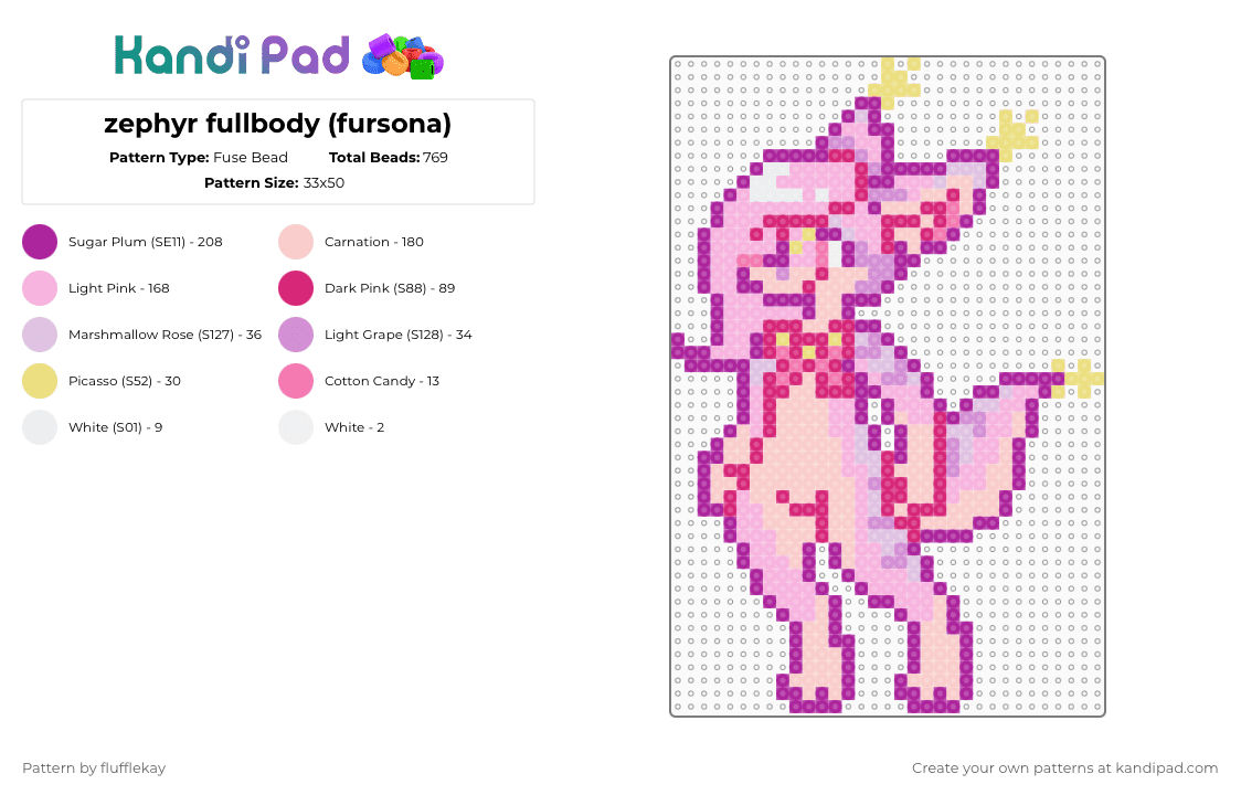 fursona fullbody - Fuse Bead Pattern by flufflekay on Kandi Pad - pink,fusona,furry,oc,original character