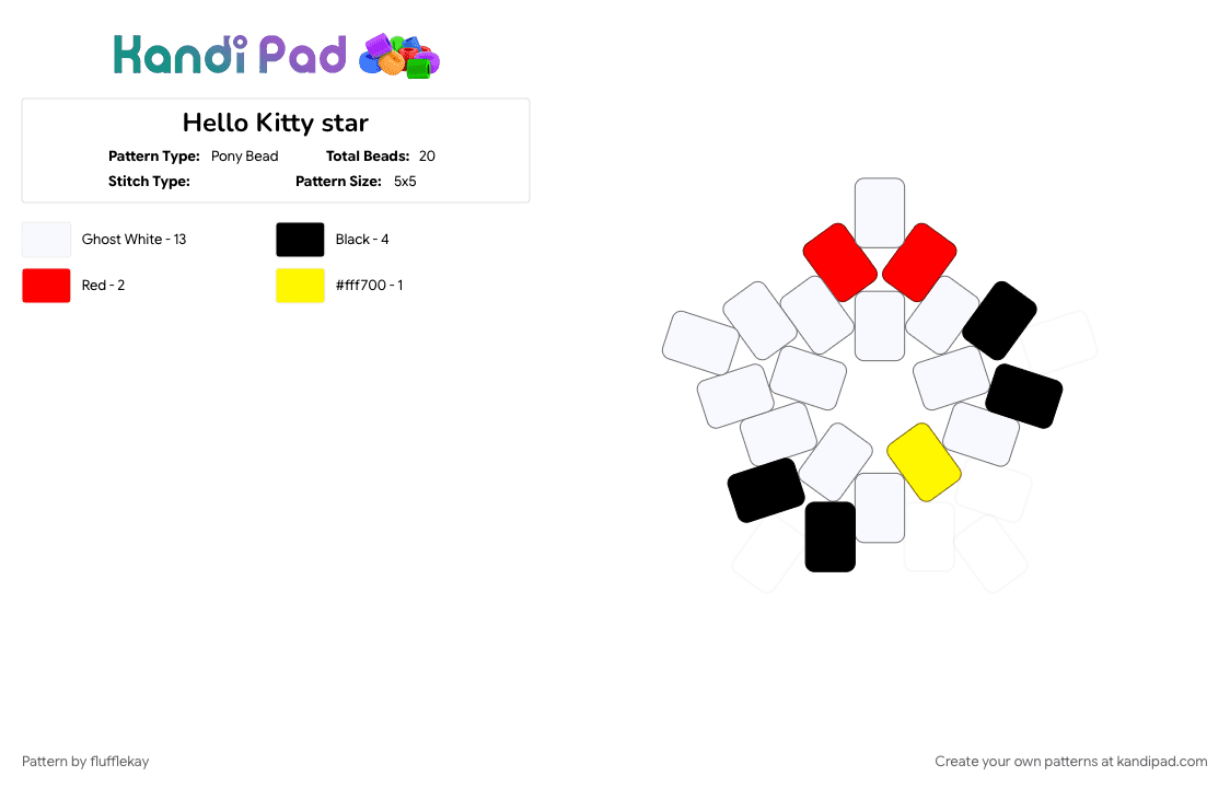 Hello Kitty star - Pony Bead Pattern by flufflekay on Kandi Pad - cat, hello kitty, red, star, white, yellow