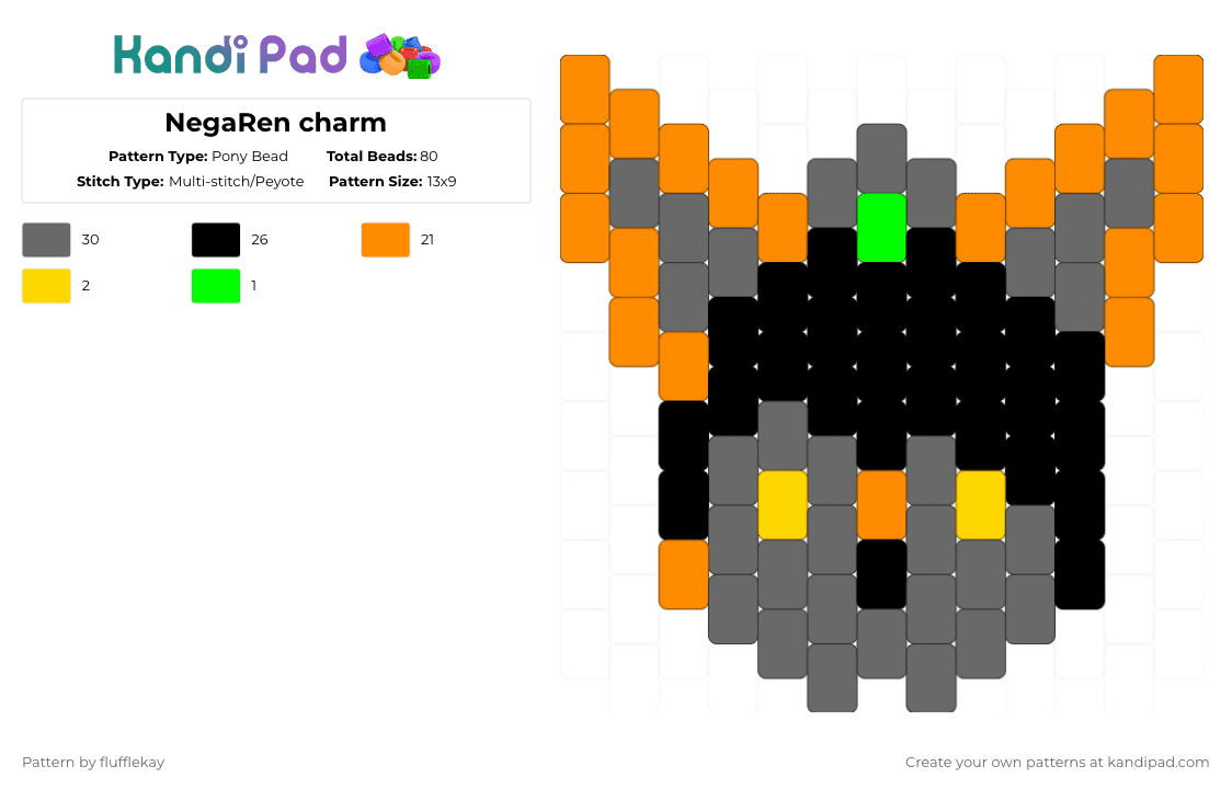 NegaRen charm - Pony Bead Pattern by flufflekay on Kandi Pad - orange,gray,lapfoxtrax,lapfox,halleylabs,furry,negaren
