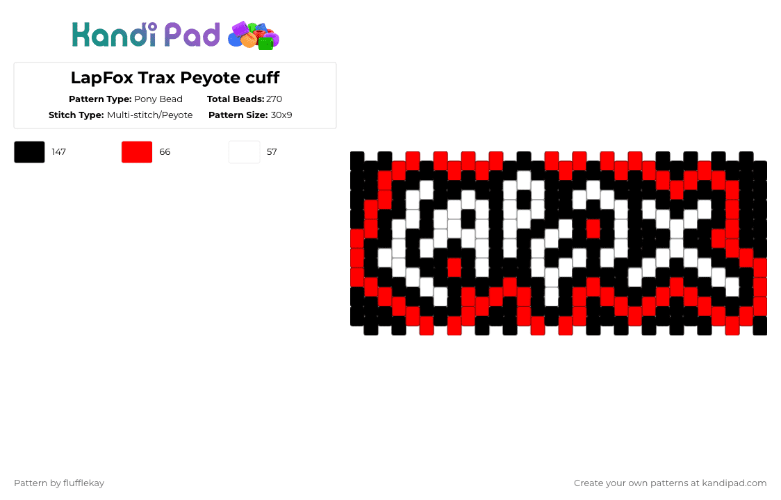 LapFox Trax Peyote/multistitch cuff - Pony Bead Pattern by flufflekay on Kandi Pad - white,red,lapfox,lapfoxtrax,halleylabs