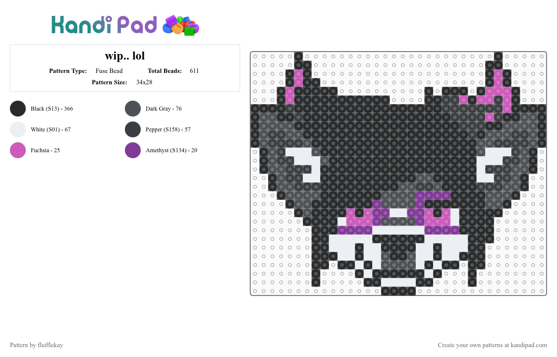 Eugene - Fuse Bead Pattern by flufflekay on Kandi Pad - black,gray,pink