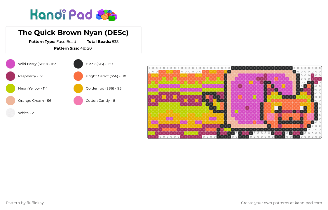 The Quick Brown Nyan (DESc) - Fuse Bead Pattern by flufflekay on Kandi Pad - orange,pink,lapfox trax,lapfox,tqbf,the quick brown fox,halley labs,nyan cat