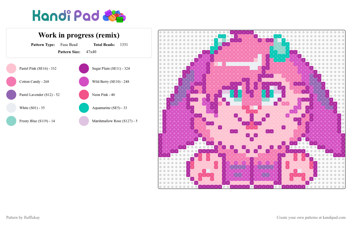 Fursona plush (remix) - Fuse Bead Pattern by flufflekay on Kandi Pad - pink,furry,fursona,oc,original character,plushie,plush,animal