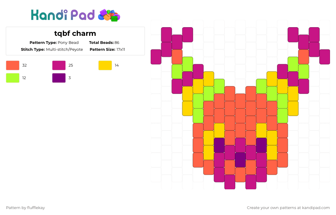 tqbf charm - Pony Bead Pattern by flufflekay on Kandi Pad - red,pink,lapfox,lapfoxtrax,tqbf,thequickbrownfox,pinata,furry,halleylabs