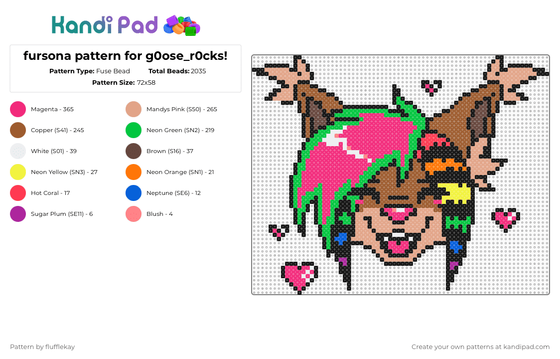 Fursona Perler for g0ose_r0cks! (Y1fF3) - Fuse Bead Pattern by flufflekay on Kandi Pad - black,beige,pink,tan,green,colorful,furry,fursona,oc,original character